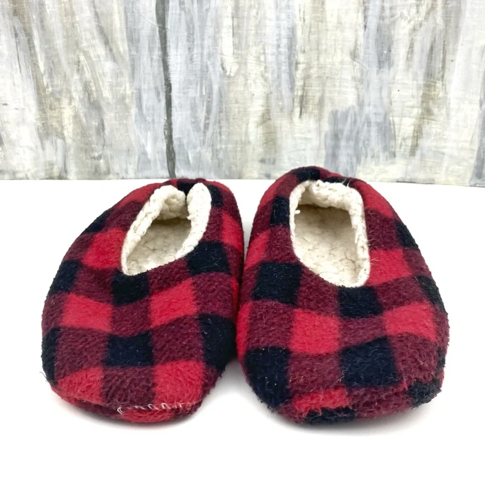 Buffalo Check Plaid Flannel Slippers Sherpa-Lined Rubber Grip Bottom House Shoe